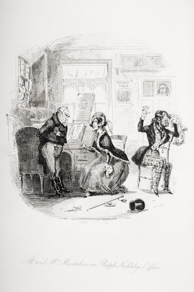 M. et Mme Mantalini dans le bureau de Ralph Nickleby entre Sir Mulberry et son élève, illustration de 